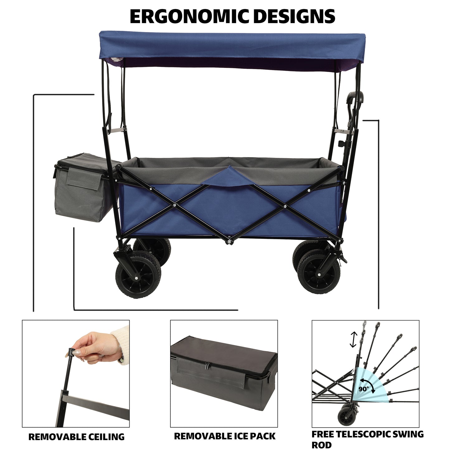 480Lbs Collapsible Wagon With Canopy Wagon Stroller With 7 All- Terrain Wheels Lightweight Foldable Wagon Large Capacity For Camping Shopping Sports And Garden Use Dark Blue With Mosquito Net