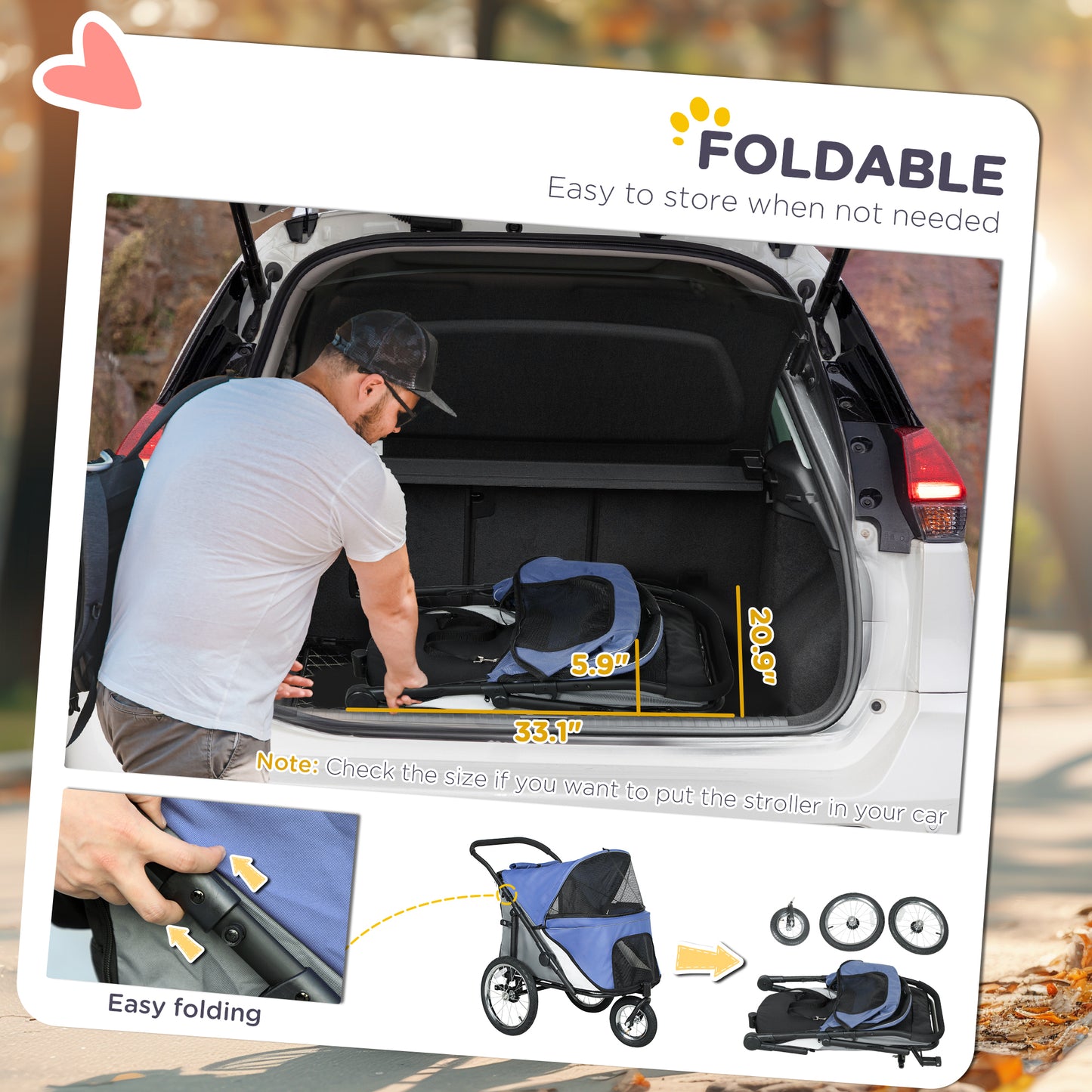 3 Wheels Dog Stroller w/ One-Hand Fold, Rubber Wheels, Storage Bag, Soft Cushion, for Small & Medium Dogs, Blue