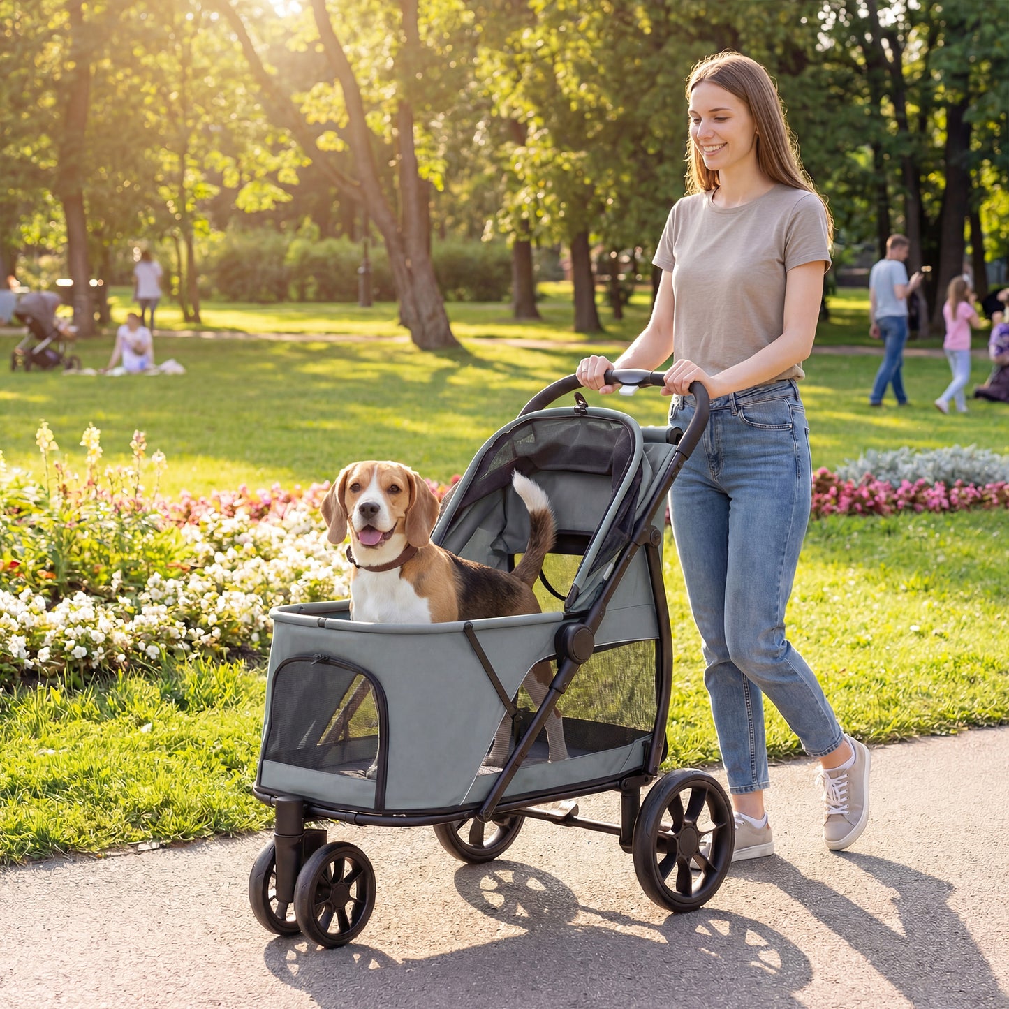 3 Wheel Pet Stroller with Easy One-Click Quick Fold, Mesh Window, Washable Cushion, for Medium Dogs, Gray