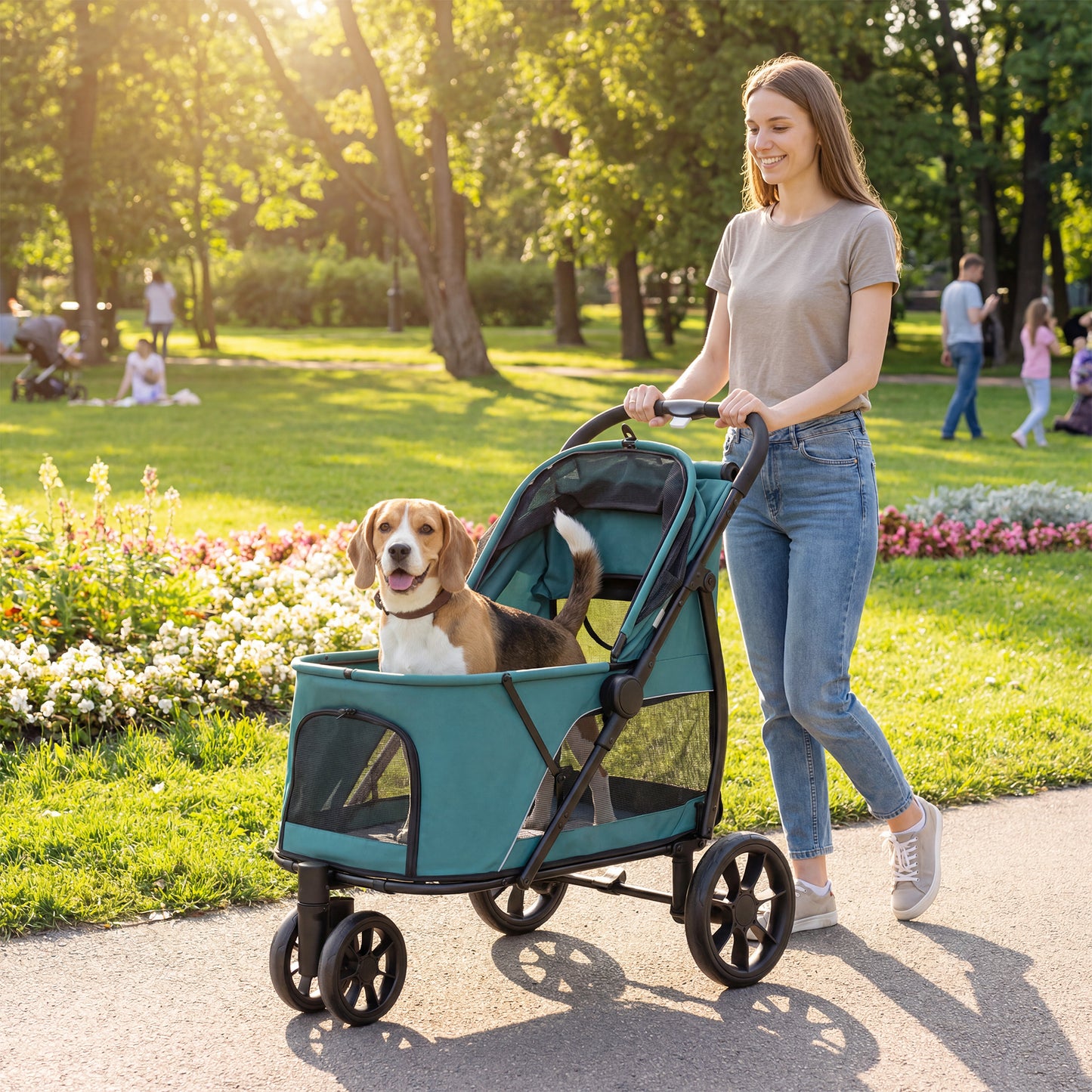 3 Wheel Pet Stroller with Easy One-Click Quick Fold, Mesh Window, Washable Cushion, for Medium Dogs, Dark Green