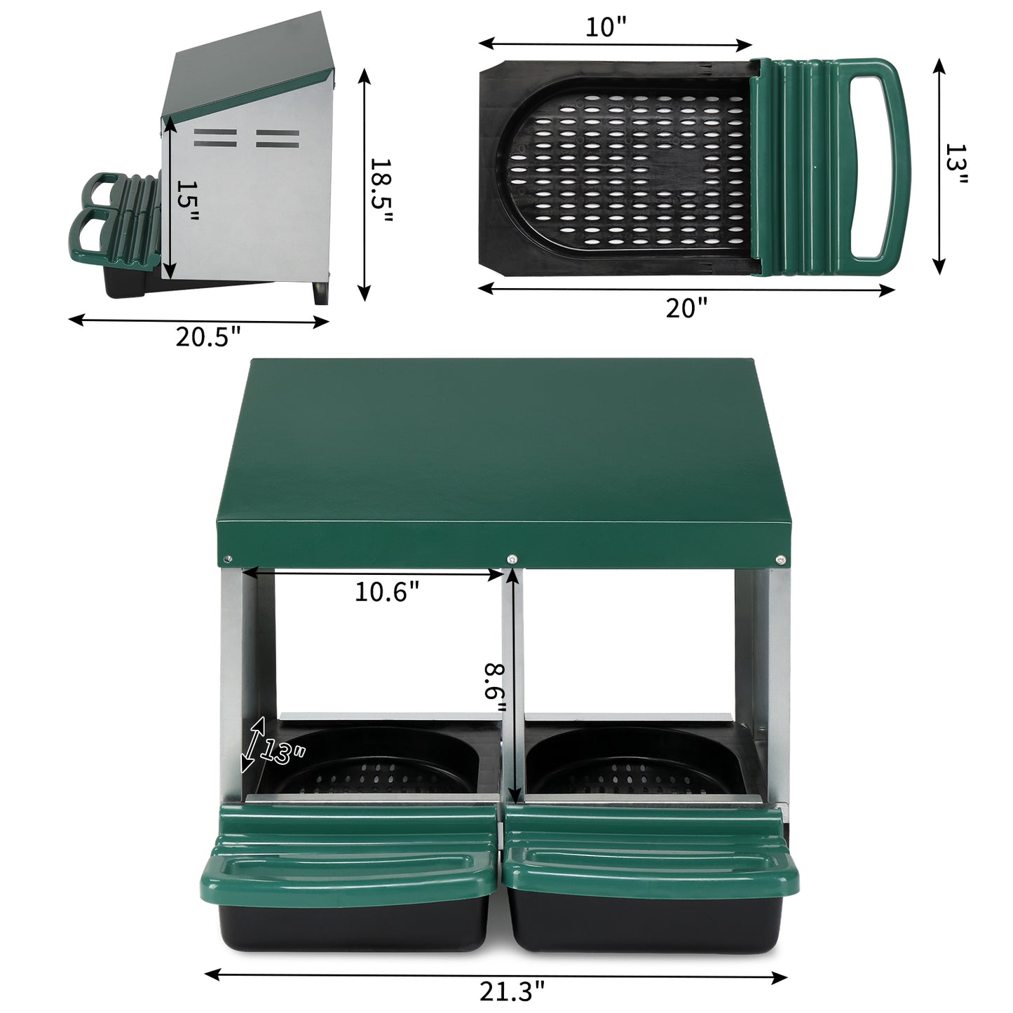 2 Compartments 54x52x47cm Pitched Roof House Iron-plastic Green Chicken Feeding Trough