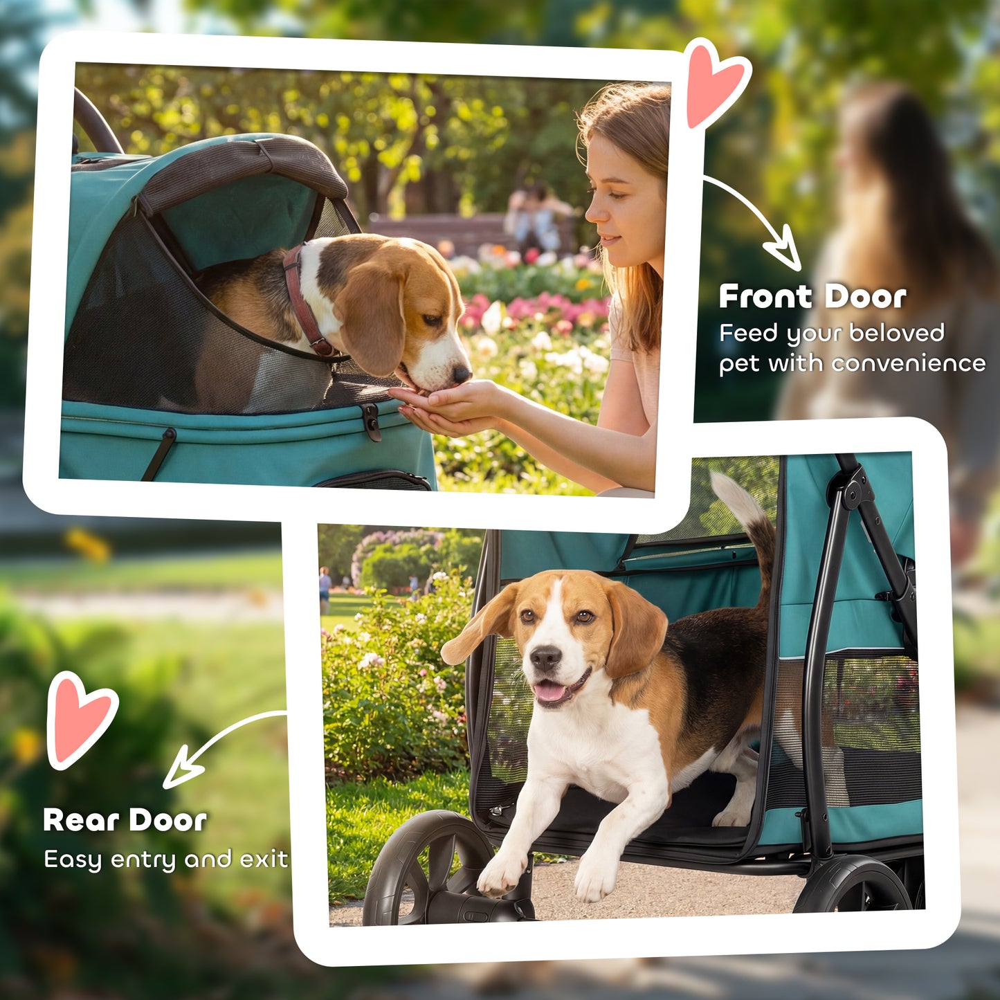 3 Wheel Pet Stroller with Easy One-Click Quick Fold, Mesh Window, Washable Cushion, for Medium Dogs, Dark Green