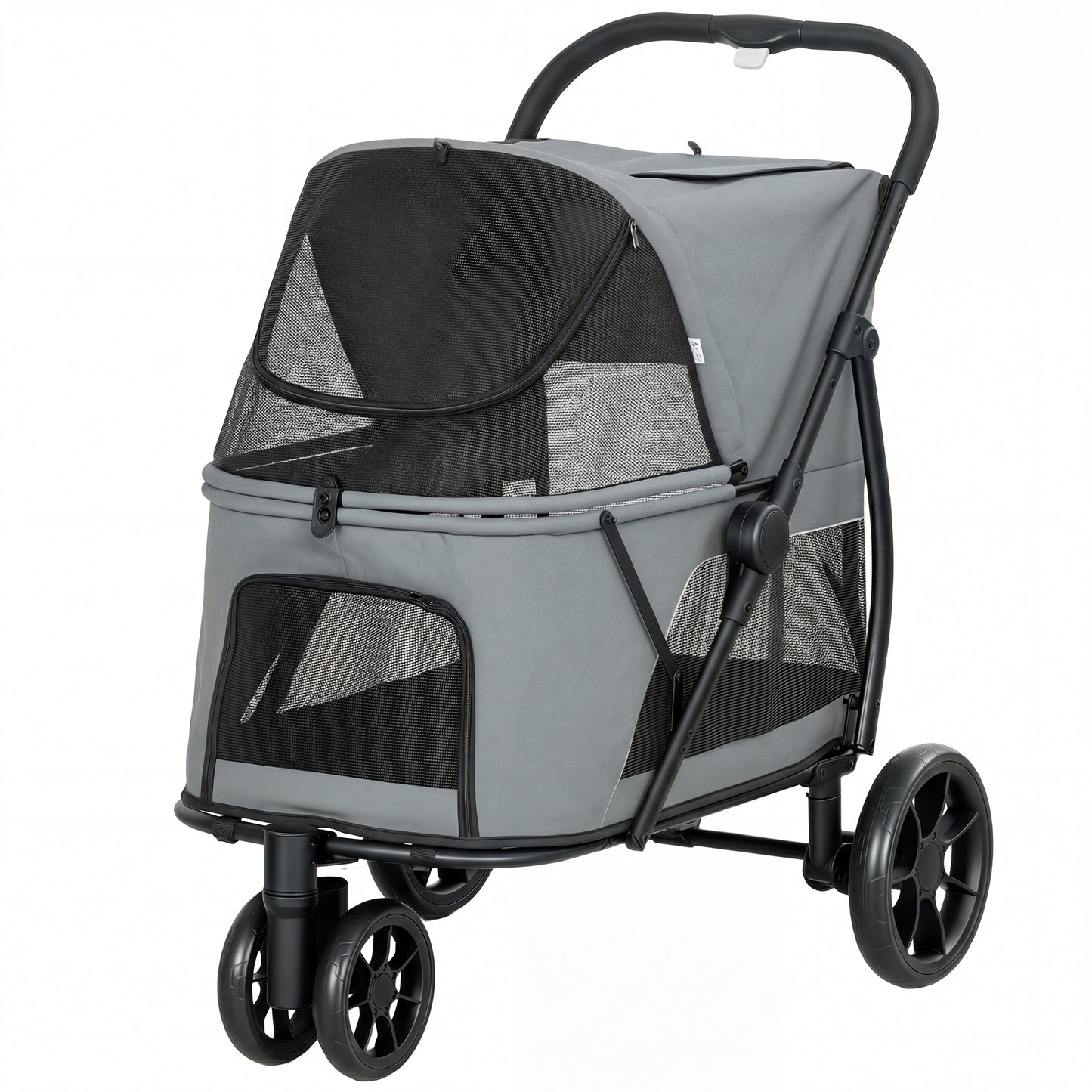 3 Wheel Pet Stroller with Easy One-Click Quick Fold, Mesh Window, Washable Cushion, for Medium Dogs, Gray