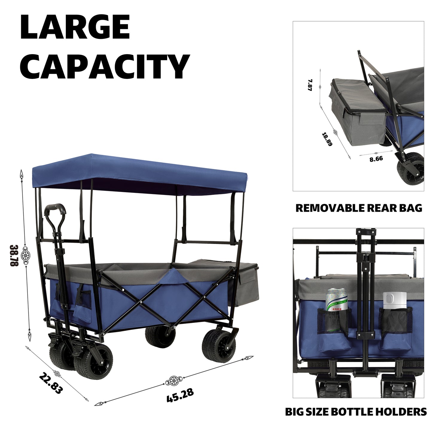 480Lbs Collapsible Wagon With Canopy Wagon Stroller With 7  All- Terrain Wheels  Lightweight Foldable Wagon  Large Capacity For Camping  Shopping  Sports  And Garden Use  Dark Blue With Mosquito Net