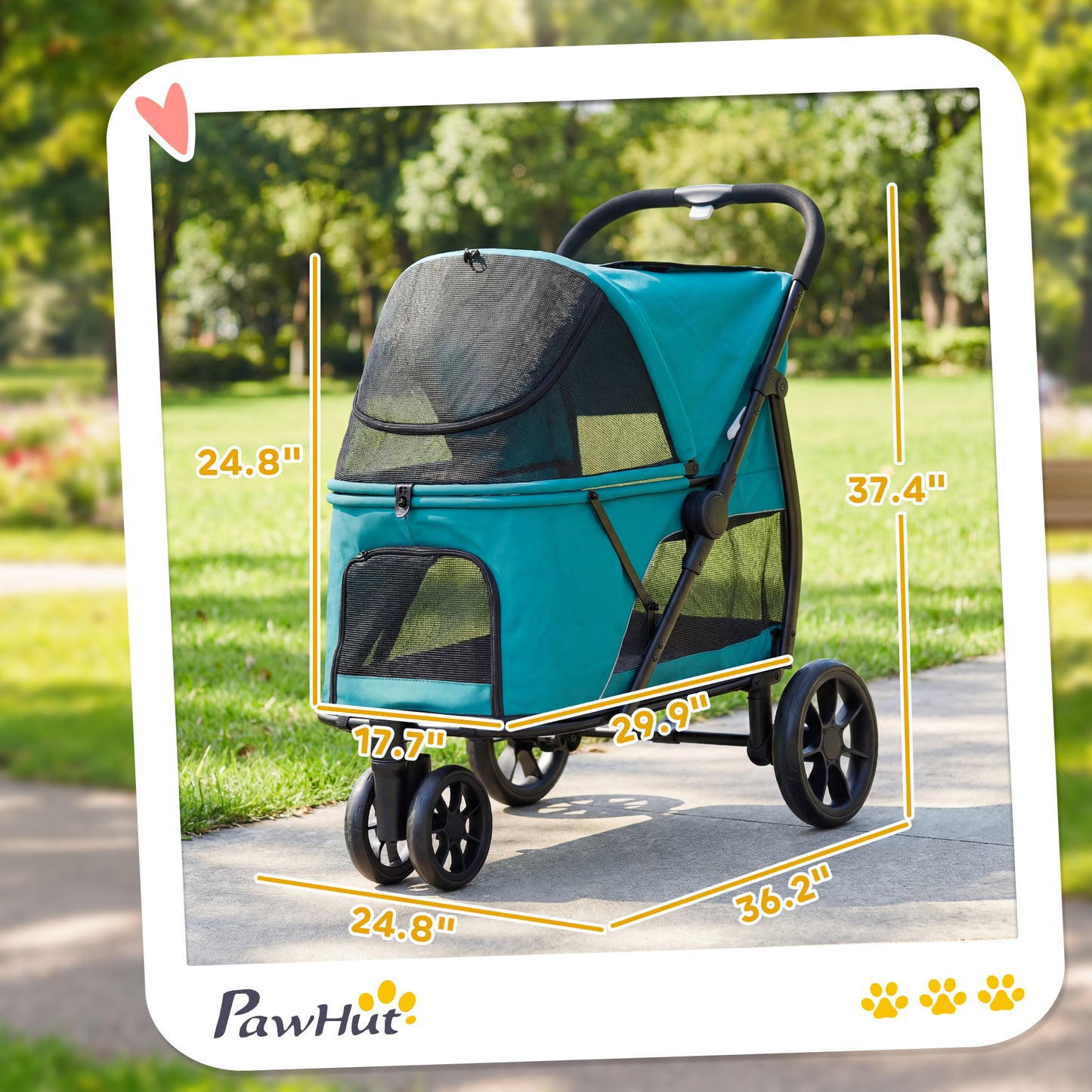 3 Wheel Pet Stroller with Easy One-Click Quick Fold, Mesh Window, Washable Cushion, for Medium Dogs, Dark Green